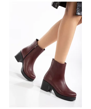 5109-3022 Bordo Fermuarlı Kalın Topuklu Günlük Kadın Bot
