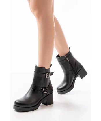 5109-3027 Siyah Topuklu Fermuarlı Günlük Kadın Bot