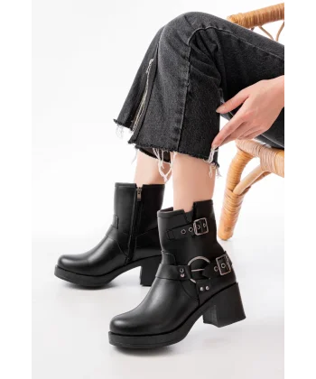 5109-3028 Siyah Toka Aksesuarlı Fermuarlı Topuklu Günlük Kadın Bot