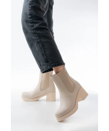 5109-3056 Bej Lastikli  Kalın Topuklu Günlük Kadın Bot