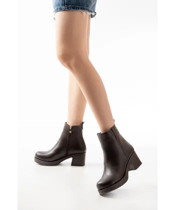 5109-3057 Kahverengi Lastikli Fermuarlı Kalın Topuklu Günlük Kadın Bot