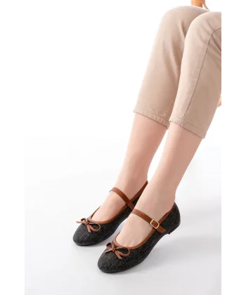 6321 Siyah Keten Günlük Baret Tokalı Bayan Babet