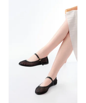 6325 Siyah Fileli Baret Toka Detaylı Günlük Kadın Babet