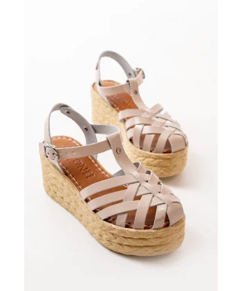 684-02 Bej Ortopedik Hakiki Deri Dolgu Kadın Sandalet