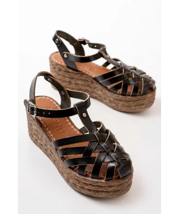 684-02 Siyah Ortopedik Hakiki Deri Dolgu Kadın Sandalet