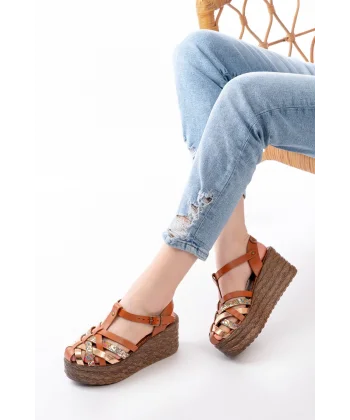 684-02 Taba Garni Ortopedik Hakiki Deri Dolgu Kadın Sandalet