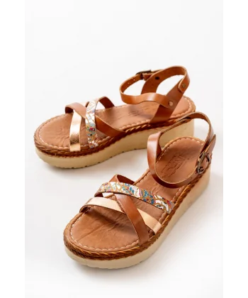 730-015 Taba Garni Ortopedik Hakiki Deri Dolgu Kadın Sandalet