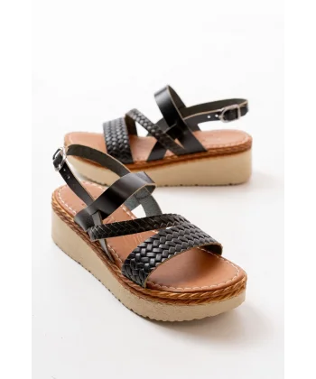 730-152 Siyah Ortopedik Hakiki Deri Dolgu Kadın Sandalet
