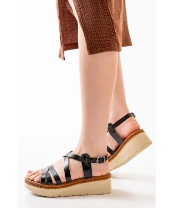 730-153 Siyah Ortopedik Hakiki Deri Dolgu Kadın Sandalet