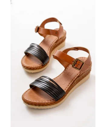 731-07 Siyah Ortopedik Hakiki Deri Dolgu Kadın Sandalet