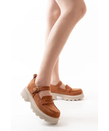 745-771 Taba Süet Kadın Günlük Yüksek Tabanlı Loafer Ayakkabı