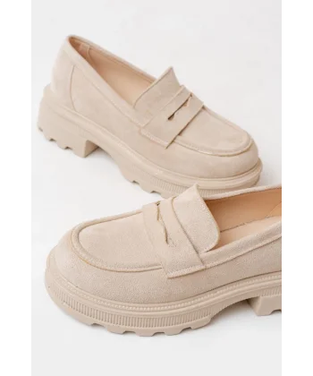 746-759 Bej Süet Günlük Yüksek Tabanlı Loafer Ayakkabı