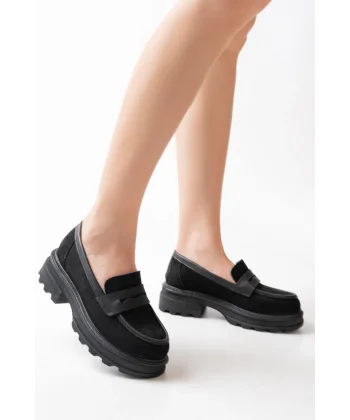 746-759 Siyah Süet Günlük Yüksek Tabanlı Loafer Ayakkabı