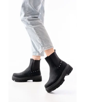 749-2005 Siyah Zümrüt Düz Topuklu Lastikli Günlük Kadın Bot