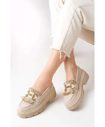 749-750 Bej Tokalı Günlük Yüksek Tabanlı Loafer Ayakkabı