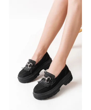 749-750 Siyah Süet Tokalı Günlük Yüksek Tabanlı Loafer Ayakkabı