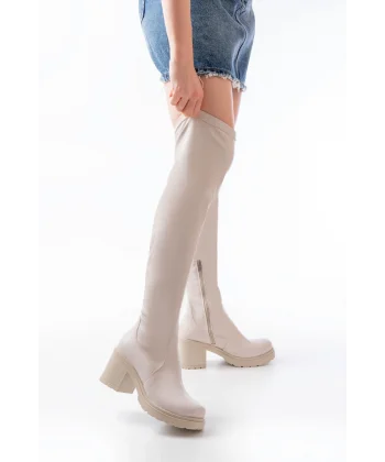 767-3010 Bej Streç Günlük Kalın Topuklu Kadın Çizme