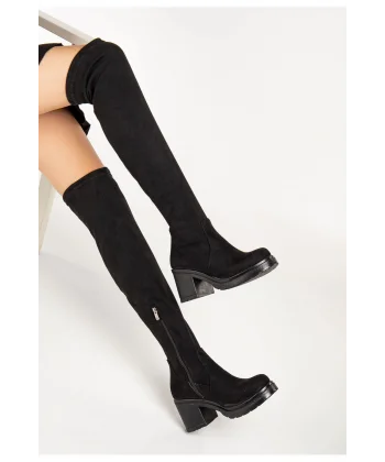 767-3010 Siyah Süet Streç Günlük Kalın Topuklu Kadın Çizme