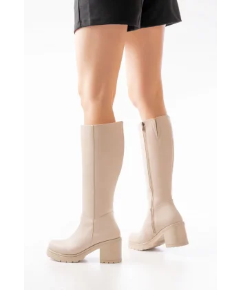767-3013 Bej Fermuarlı Günlük Kadın Çizme
