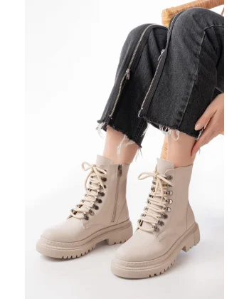 812-2121 Bej Bağcıklı Fermuarlı Günlük Kadın Bot