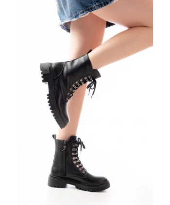 812-2121 Siyah Cilt Bağcıklı Fermuarlı Günlük Kadın Bot