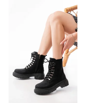 812-2121 Siyah Zümrüt Bağcıklı Fermuarlı Günlük Kadın Bot