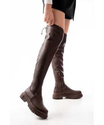 812-2194 Kahverengi Fermuarlı Diz Üstü Bağcıklı Çorap Günlük Kadın Çizme