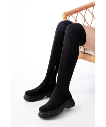 812-2194 Siyah Süet Fermuarlı Diz Üstü Bağcıklı Çorap Günlük Kadın Çizme