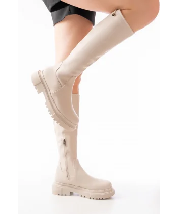 812-2291 Bej Fermuarlı Günlük Kadın Çizme