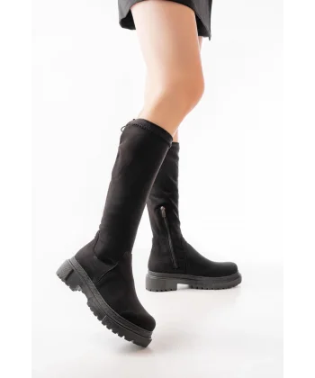 812-2291 Siyah Süet Fermuarlı Günlük Kadın Çizme