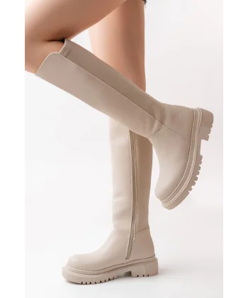 812-305 Bej Arkası Streç Fermuarlı Günlük Kadın Çizme