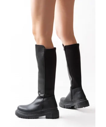 812-305 Siyah Arkası Streç Fermuarlı Günlük Kadın Çizme