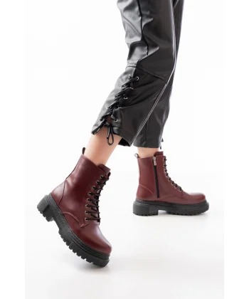 812-356 Bordo Bağcıklı Fermuarlı Günlük Kadın Bot