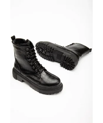 812-356 Siyah Kroko Bağcıklı Fermuarlı Günlük Kadın Bot