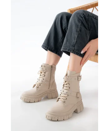 842-03 Bej Bağcıklı Kalın Tabanlı Bağcıklı Fermuarlı Günlük Kadın Bot