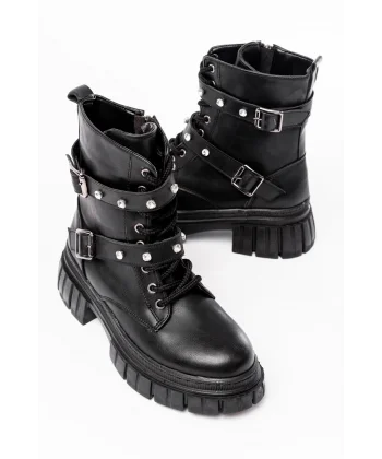 842-03 Siyah Bağcıklı Kalın Tabanlı Bağcıklı Fermuarlı Günlük Kadın Bot