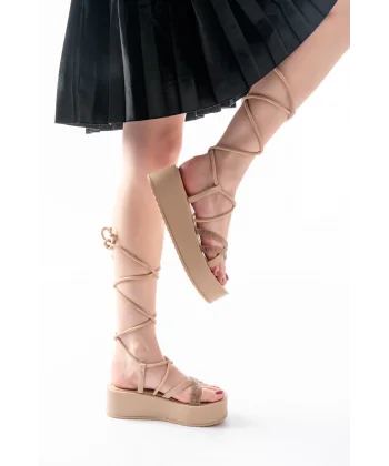 861-1010 Nut Rose Taşlı Bilekten Bağlamalı Kadın Sandalet