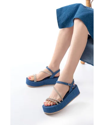 861-1017 Mavi Kot Taşlı Dolgu Topuklu Kadın Sandalet