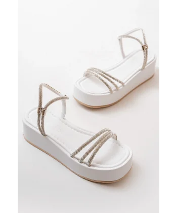 861-1100 Beyaz Günlük Gümüş Taşlı Dolgu Kadın Sandalet