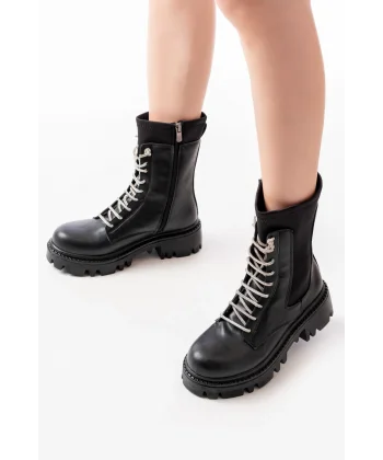 868-2006 Siyah Düz Topuklu Bağcıklı Fermuarlı Günlük Kadın Bot