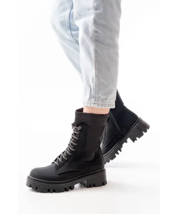 868-2006 Siyah Zümrüt Düz Topuklu Bağcıklı Fermuarlı Günlük Kadın Bot