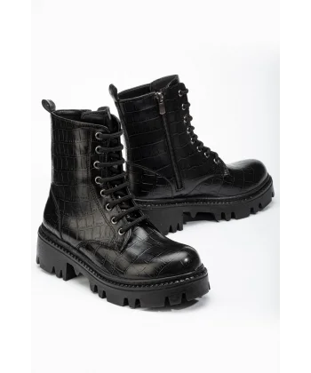 868-2289 Siyah Kroko Bağcıklı Fermuarlı Günlük Kadın Bot