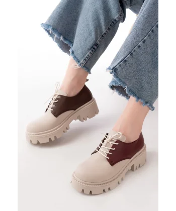 868-754 Bej Garni Bağcıklı Günlük Yüksek Tabanlı Loafer Ayakkabı