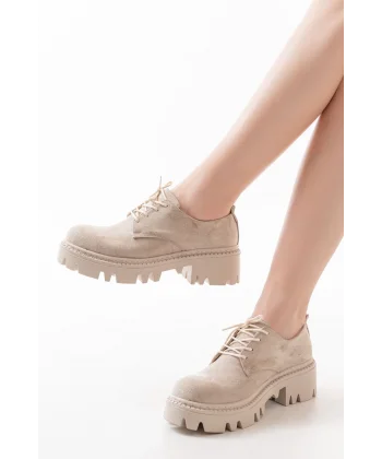 868-754 Bej Süet Bağcıklı Günlük Yüksek Tabanlı Loafer Ayakkabı