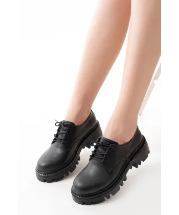 868-754 Siyah Bağcıklı Günlük Yüksek Tabanlı Loafer Ayakkabı