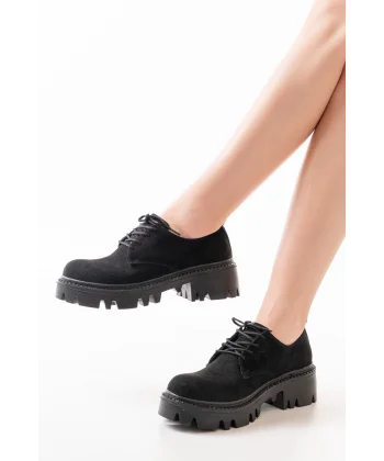 868-754 Siyah Süet Bağcıklı Günlük Yüksek Tabanlı Loafer Ayakkabı