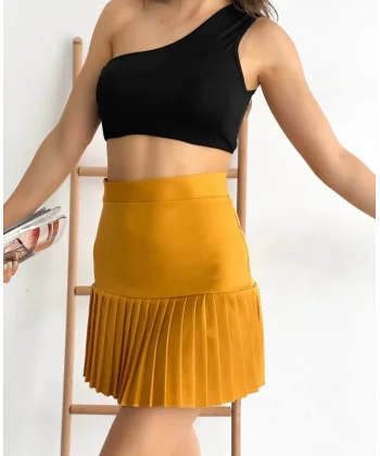 Altı pliseli mini etek hardal s24705