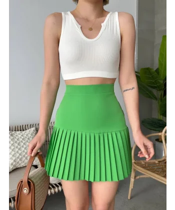 Altı pliseli mini etek yeşil s24705