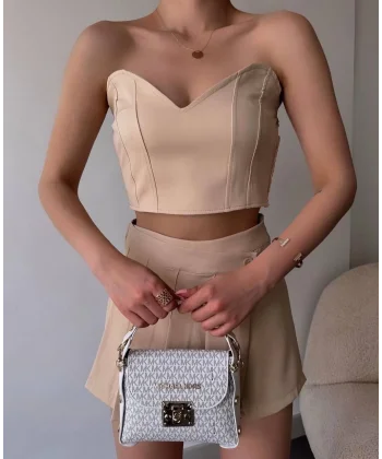 Arkadan büzgülü esnek büstiyer bej