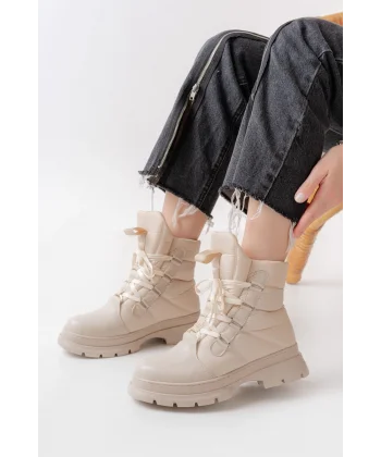 ASM-083 Bej Bağcıklı Su Geçirmez Kadın Kar Botu